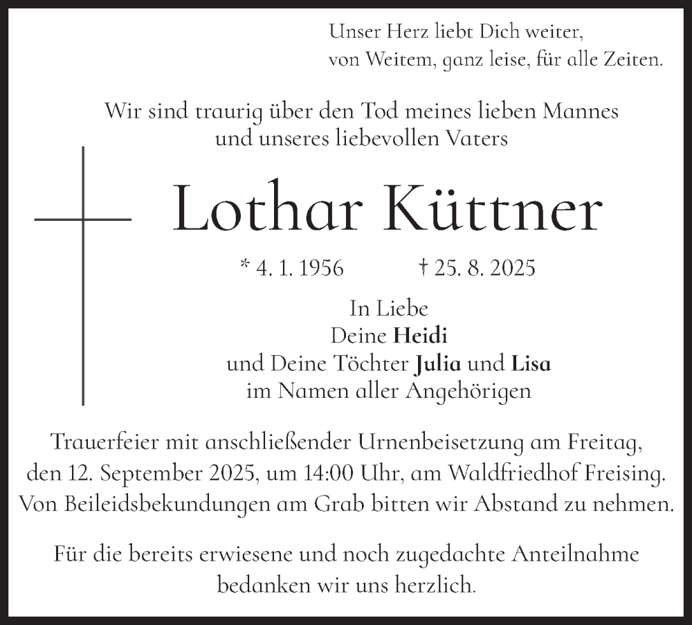  Traueranzeige für Lothar Küttner vom 06.09.2025 aus merkurtz