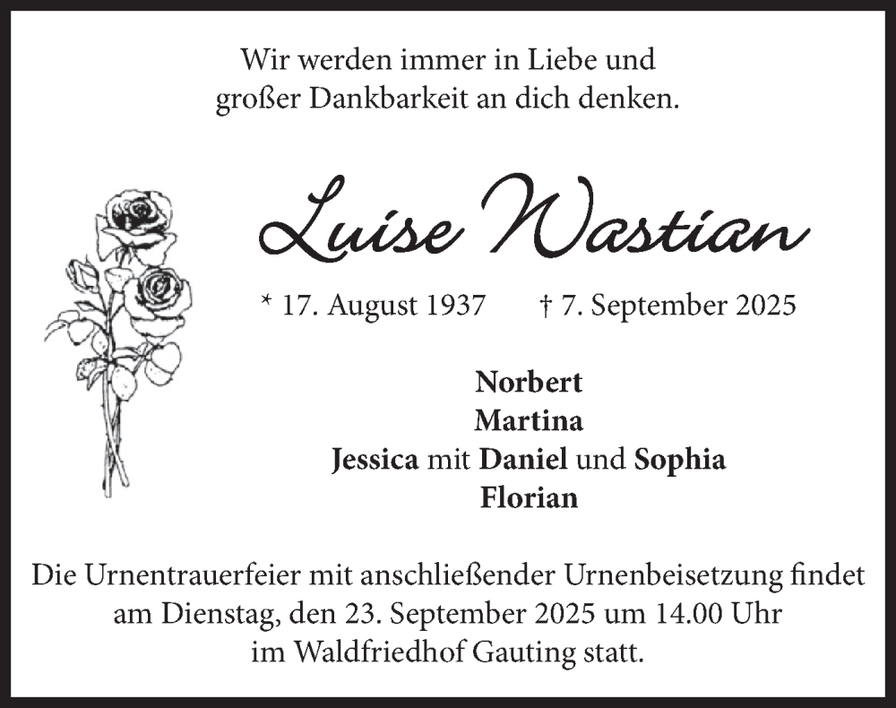  Traueranzeige für Luise Wastian vom 13.09.2025 aus merkurtz