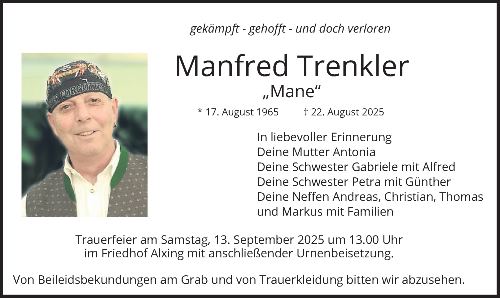  Traueranzeige für Manfred Trenkler vom 06.09.2025 aus merkurtz