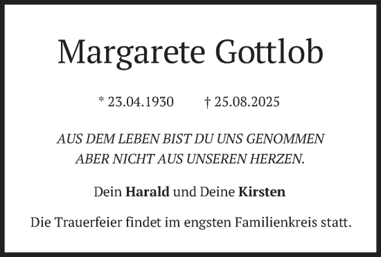 Traueranzeige von Margarete Gottlob von merkurtz