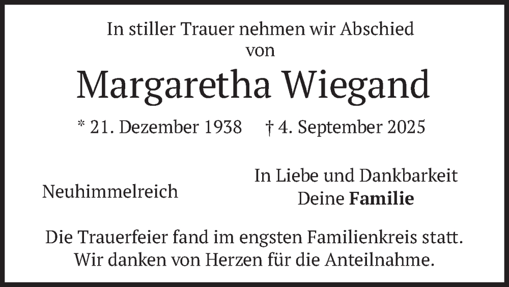  Traueranzeige für Margaretha Wiegand vom 25.09.2025 aus merkurtz