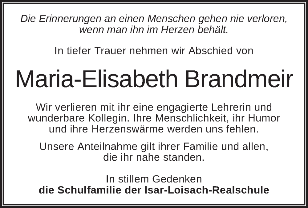  Traueranzeige für Maria-Elisabeth Brandmeir vom 20.09.2025 aus merkurtz