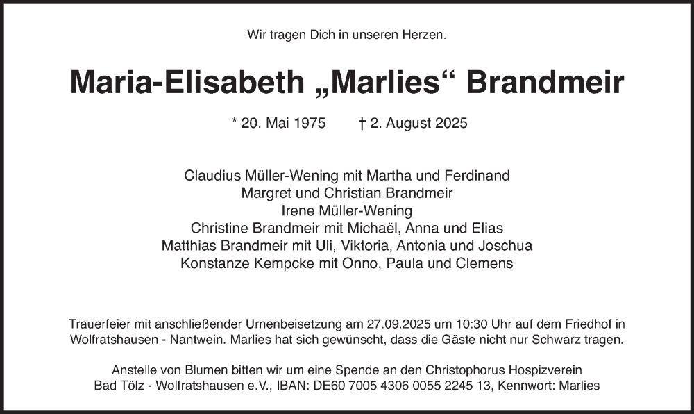  Traueranzeige für Maria-Elisabeth Brandmeir vom 20.09.2025 aus merkurtz