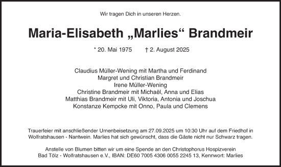 Traueranzeige von Maria-Elisabeth Brandmeir von merkurtz