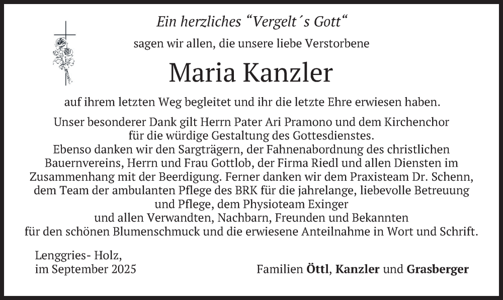  Traueranzeige für Maria Kanzler vom 13.09.2025 aus merkurtz