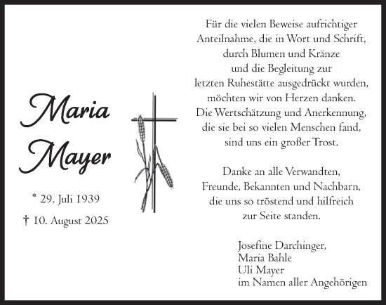 Traueranzeige von Maria Mayer von merkurtz