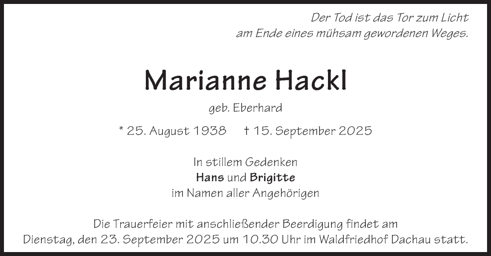  Traueranzeige für Marianne Hackl vom 20.09.2025 aus merkurtz