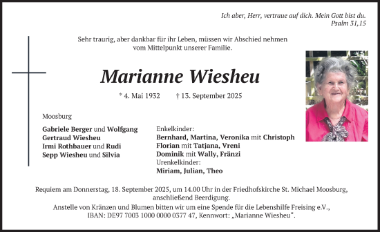 Traueranzeige von Marianne Wiesheu von merkurtz