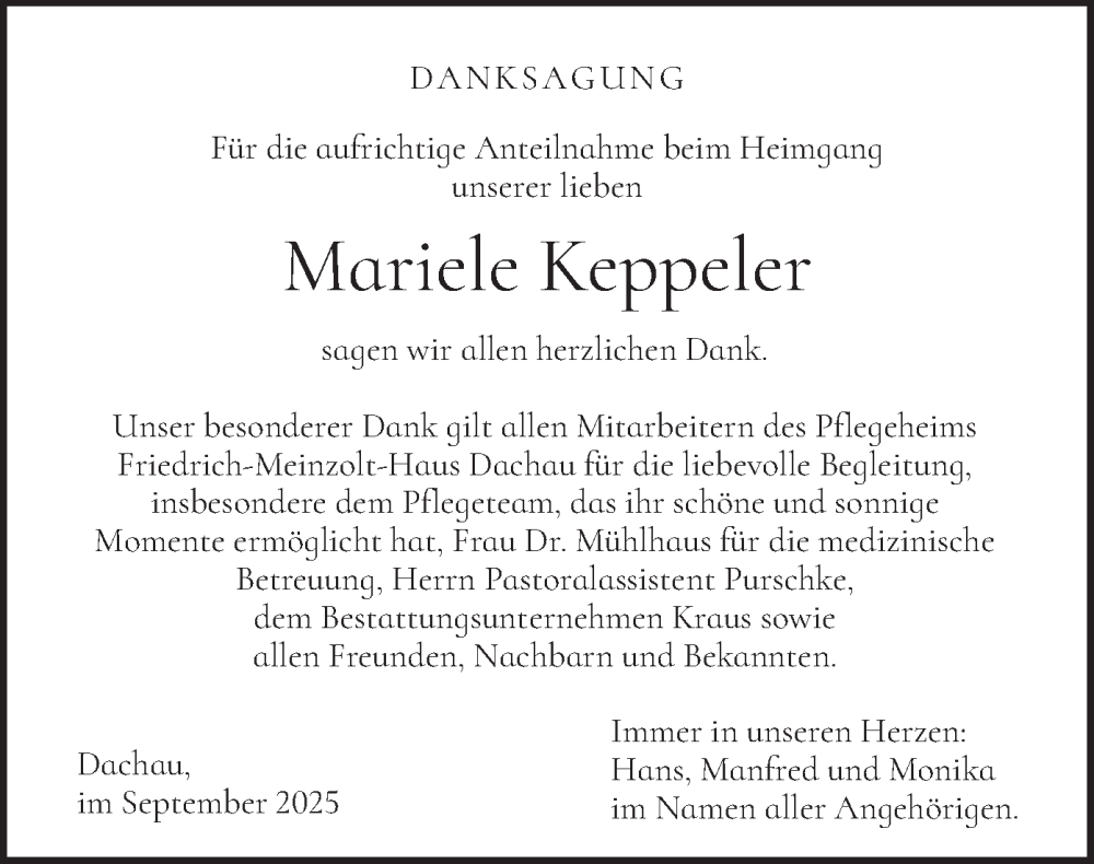  Traueranzeige für Mariele Keppeler vom 20.09.2025 aus merkurtz