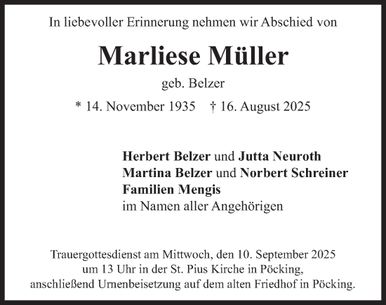 Traueranzeige von Marliese Müller von merkurtz