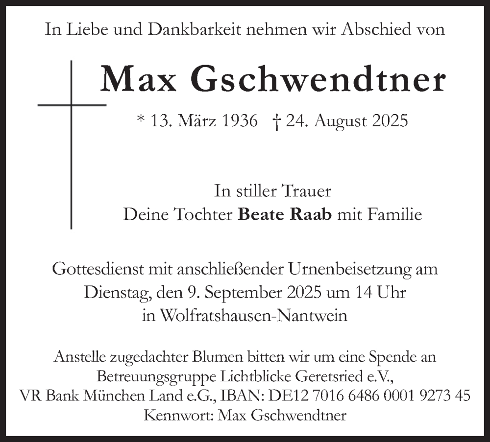  Traueranzeige für Max Gschwendtner vom 06.09.2025 aus merkurtz