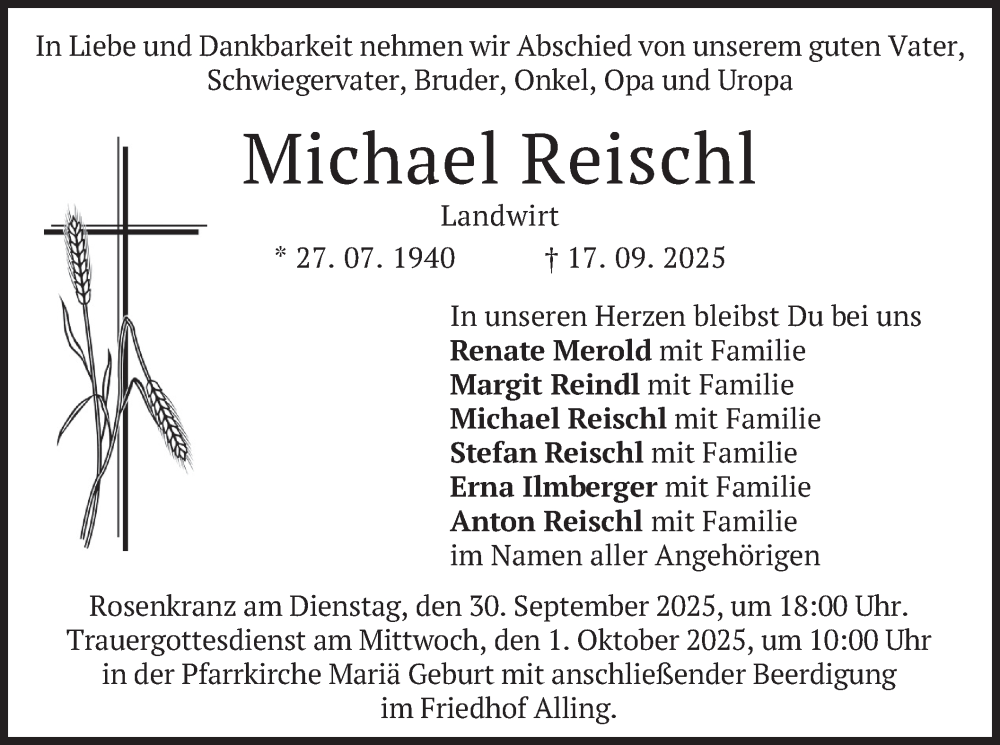  Traueranzeige für Michael Reischl vom 27.09.2025 aus merkurtz