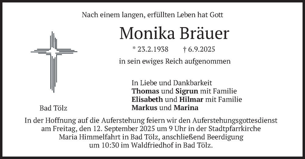  Traueranzeige für Monika Bräuer vom 10.09.2025 aus merkurtz