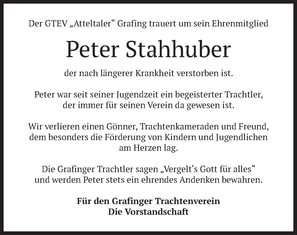  Traueranzeige für Peter Stahhuber vom 06.09.2025 aus merkurtz