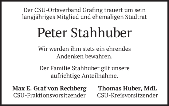 Traueranzeige von Peter Stahhuber von merkurtz