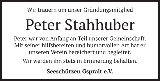 Traueranzeige von Peter Stahhuber von merkurtz