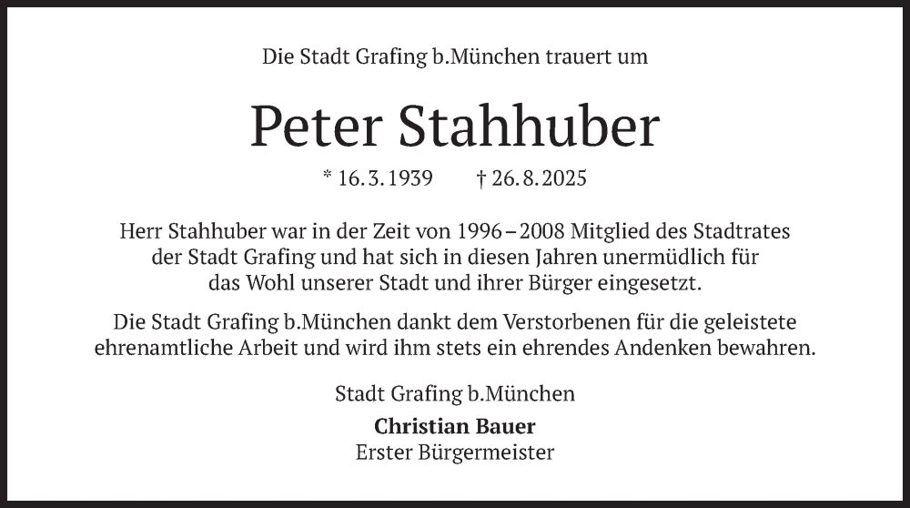  Traueranzeige für Peter Stahhuber vom 06.09.2025 aus merkurtz