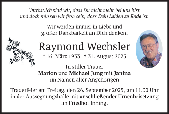 Traueranzeige von Raymond Wechsler von merkurtz