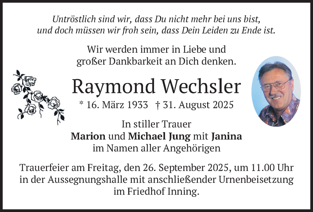  Traueranzeige für Raymond Wechsler vom 20.09.2025 aus merkurtz