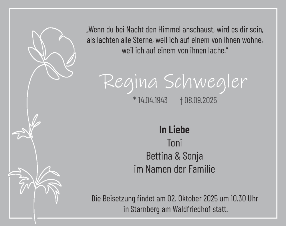  Traueranzeige für Regina Schwegler vom 27.09.2025 aus merkurtz