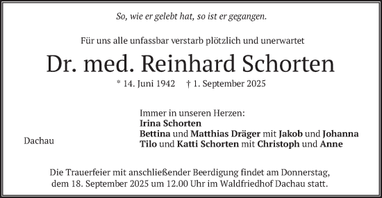 Traueranzeige von Reinhard Schorten von merkurtz