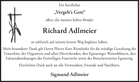 Traueranzeige von Richard Adlmeier von merkurtz