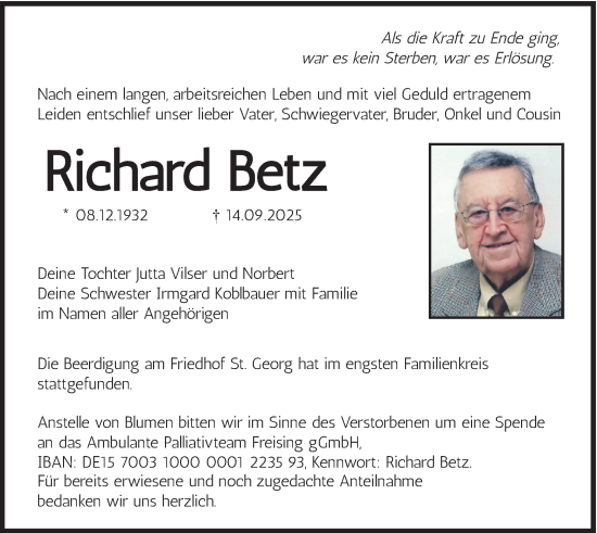 Traueranzeige von Richard Betz von merkurtz