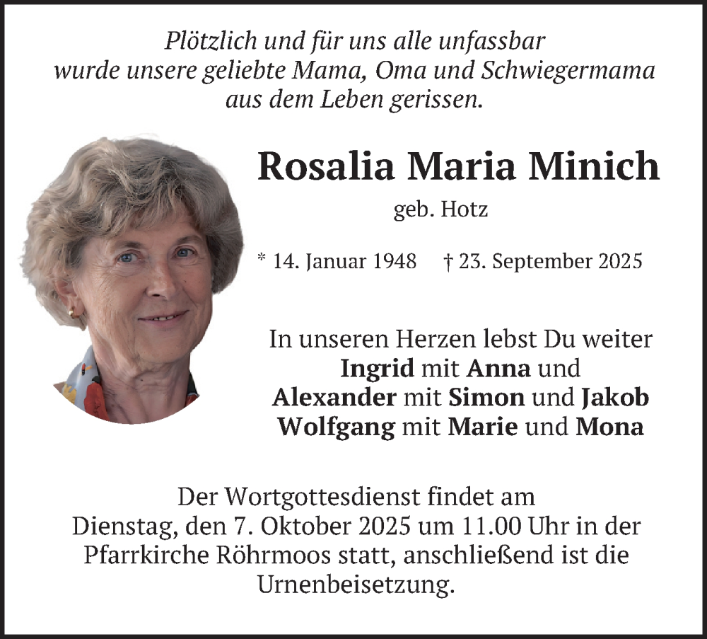  Traueranzeige für Rosalia Maria Minich vom 27.09.2025 aus merkurtz