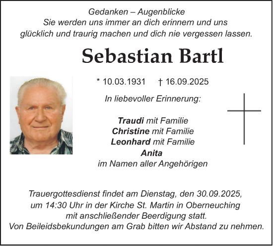 Traueranzeige von Sebastian Bartl von merkurtz