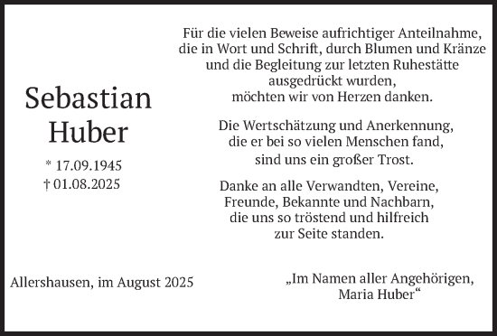 Traueranzeige von Sebastian Huber von merkurtz