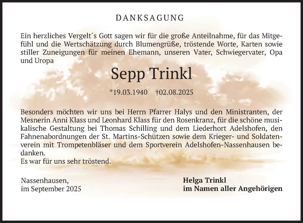  Traueranzeige für Sepp Trinkl vom 13.09.2025 aus merkurtz