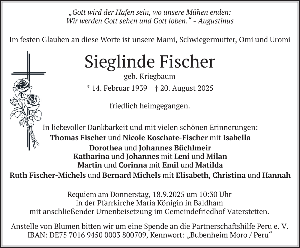  Traueranzeige für Sieglinde Fischer vom 13.09.2025 aus merkurtz