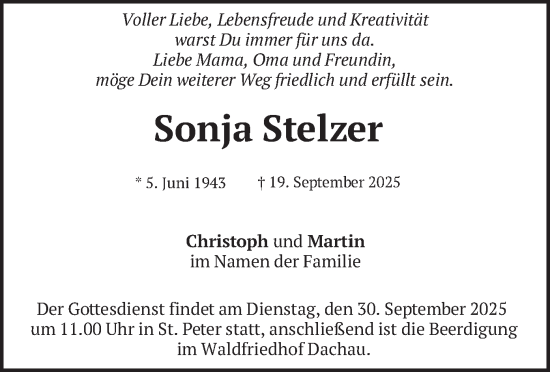 Traueranzeige von Sonja Stelzer von merkurtz