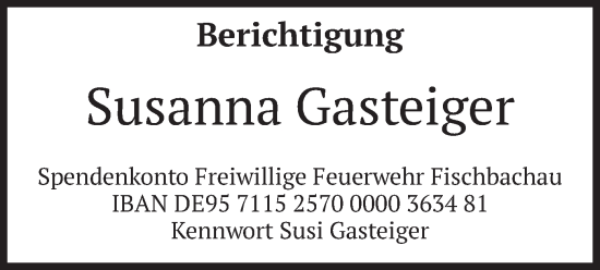 Traueranzeige von Susanna Gasteiger von merkurtz