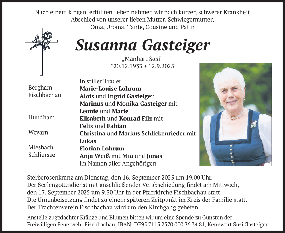  Traueranzeige für Susanna Gasteiger vom 13.09.2025 aus merkurtz