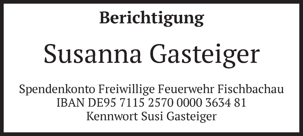  Traueranzeige für Susanna Gasteiger vom 16.09.2025 aus merkurtz