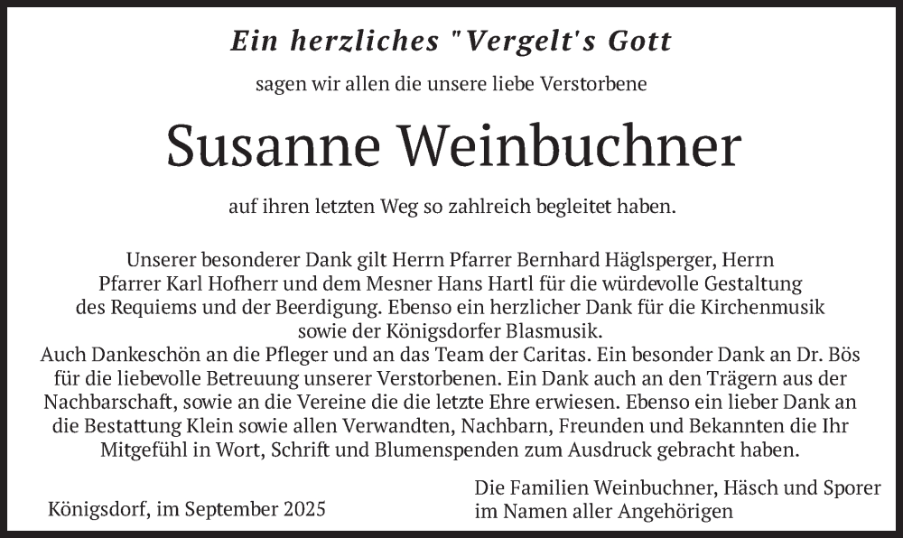  Traueranzeige für Susanne Weinbuchner vom 27.09.2025 aus merkurtz