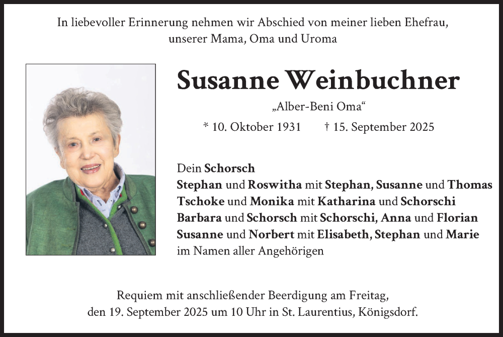  Traueranzeige für Susanne Weinbuchner vom 18.09.2025 aus merkurtz