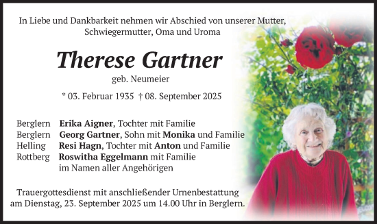 Traueranzeige von Therese Gartner von merkurtz