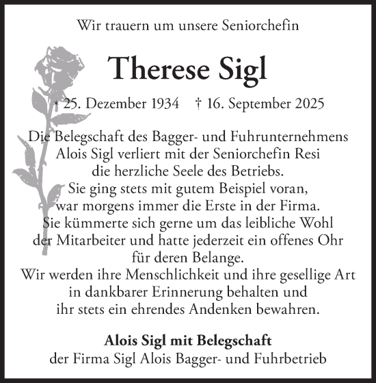 Traueranzeige von Therese Sigl von merkurtz