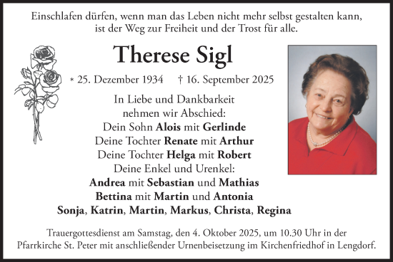 Traueranzeige von Therese Sigl von merkurtz