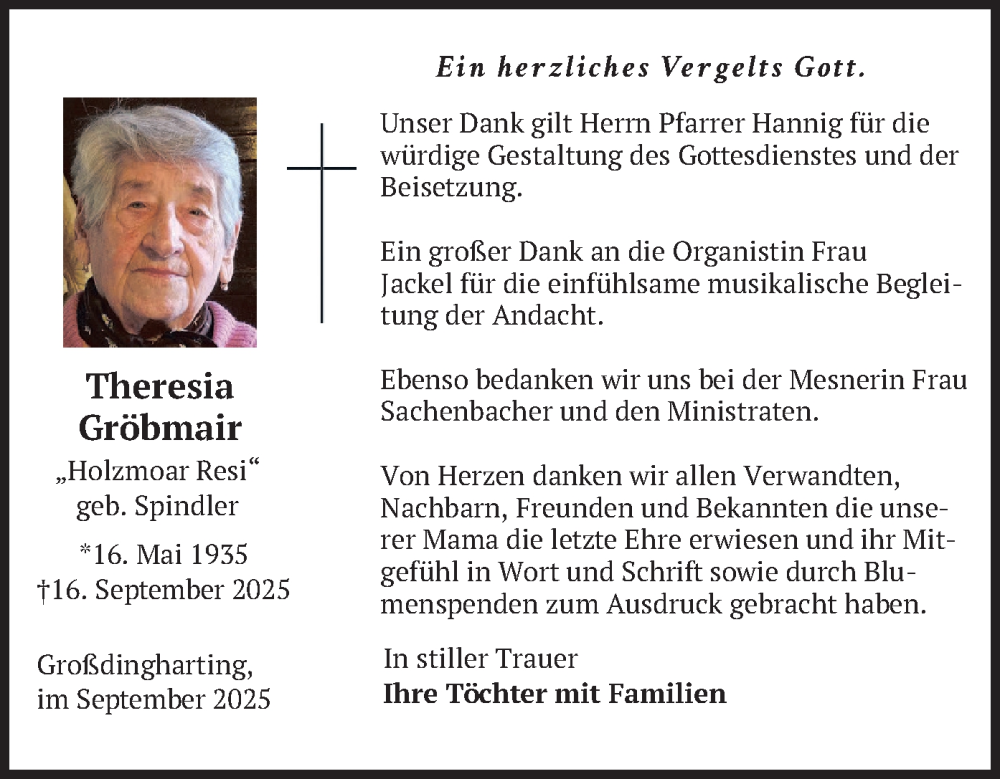  Traueranzeige für Theresia Gröbmair vom 30.09.2025 aus merkurtz