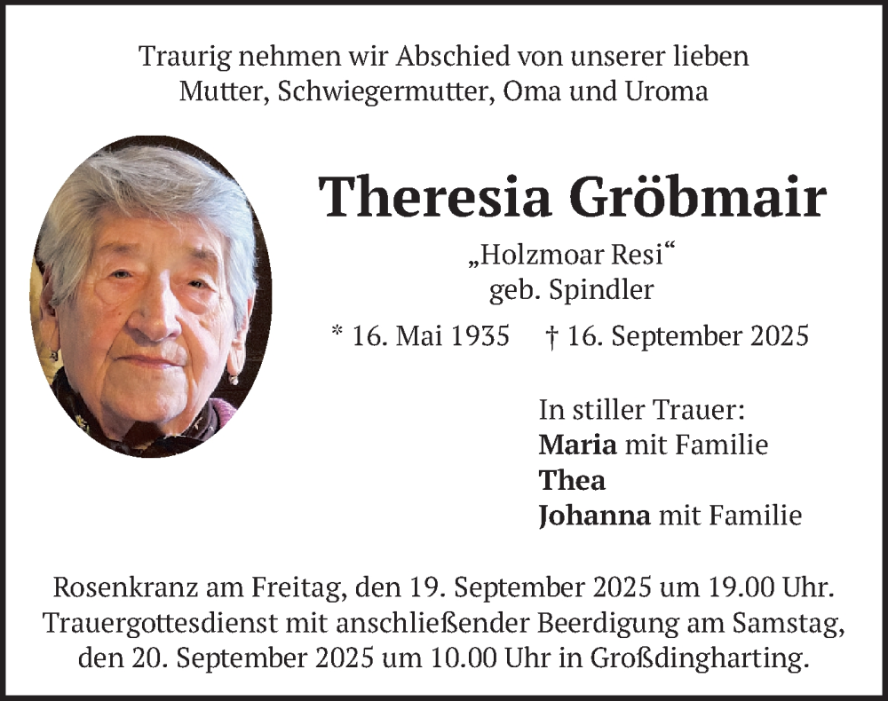 Traueranzeige für Theresia Gröbmair vom 18.09.2025 aus merkurtz