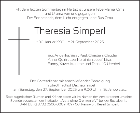 Traueranzeige von Theresia Simperl von merkurtz