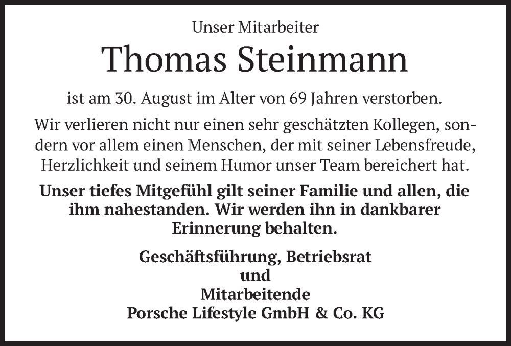  Traueranzeige für Thomas Steinmann vom 09.09.2025 aus merkurtz