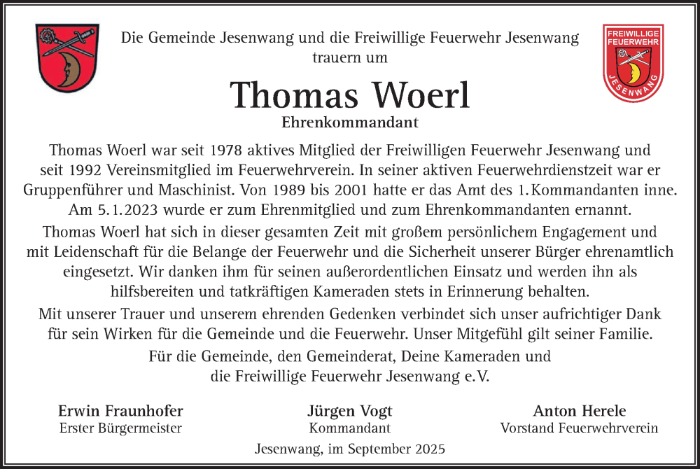  Traueranzeige für Thomas Woerl vom 20.09.2025 aus merkurtz