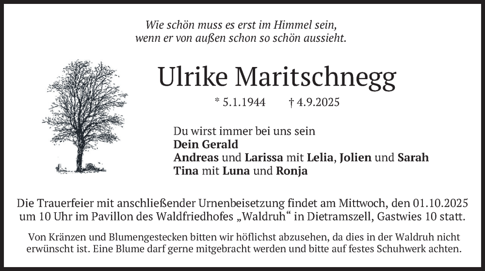  Traueranzeige für Ulrike Maritschnegg vom 20.09.2025 aus merkurtz