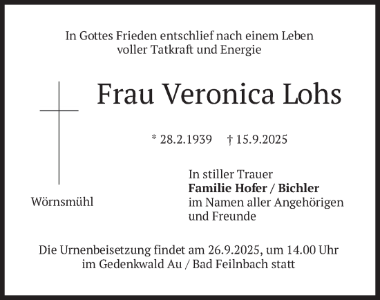 Traueranzeige von Veronica Lohs von merkurtz