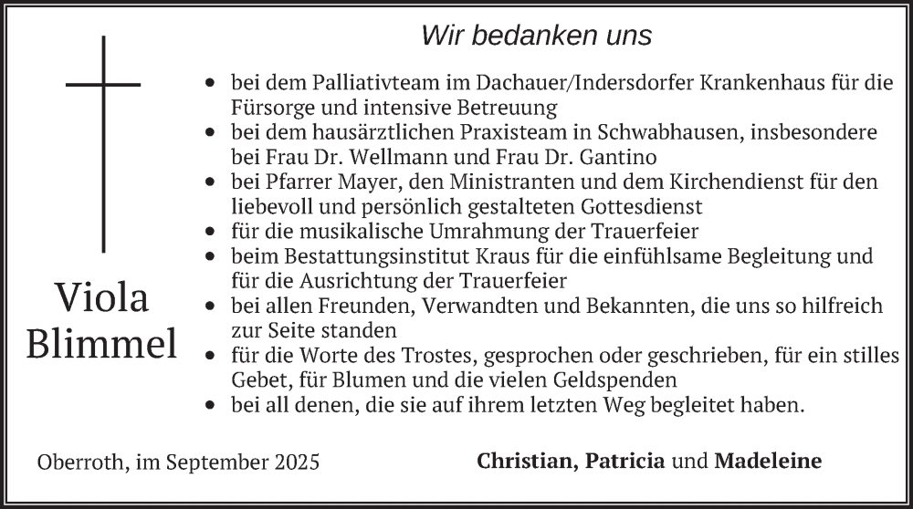  Traueranzeige für Viola Blimmel vom 27.09.2025 aus merkurtz