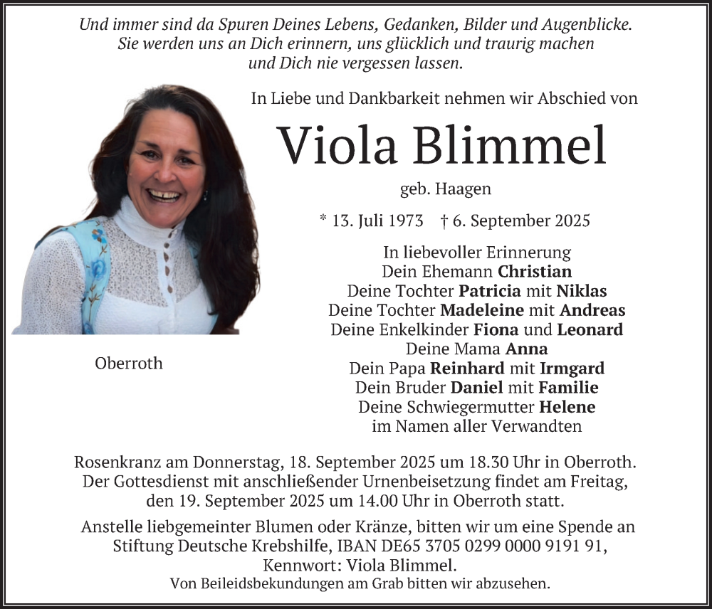  Traueranzeige für Viola Blimmel vom 13.09.2025 aus merkurtz